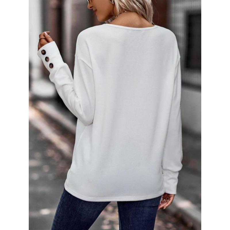 Solid Color V-neck Loose Long-sleeved T-shirt Button-down Top
