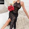 European and American Sexy Lace Halter Neck Dress with Bare Back, High Waist, Side Slit, Form-Fitting, Bodycon, Seductive Nightgown, Sexy Set