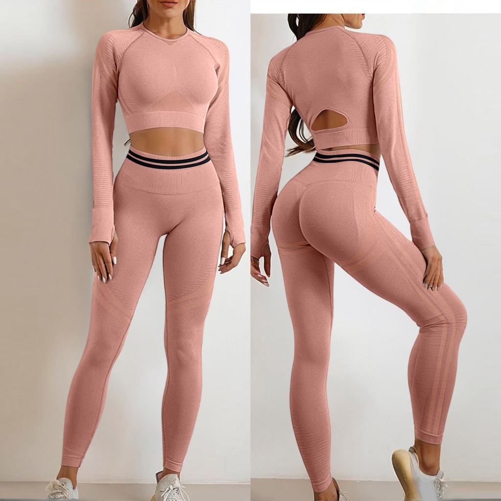 Women’s Seamless High Waist Leggings and Long Sleeve Crop Top Set Stretchy Workout Yoga Athletic Outfit