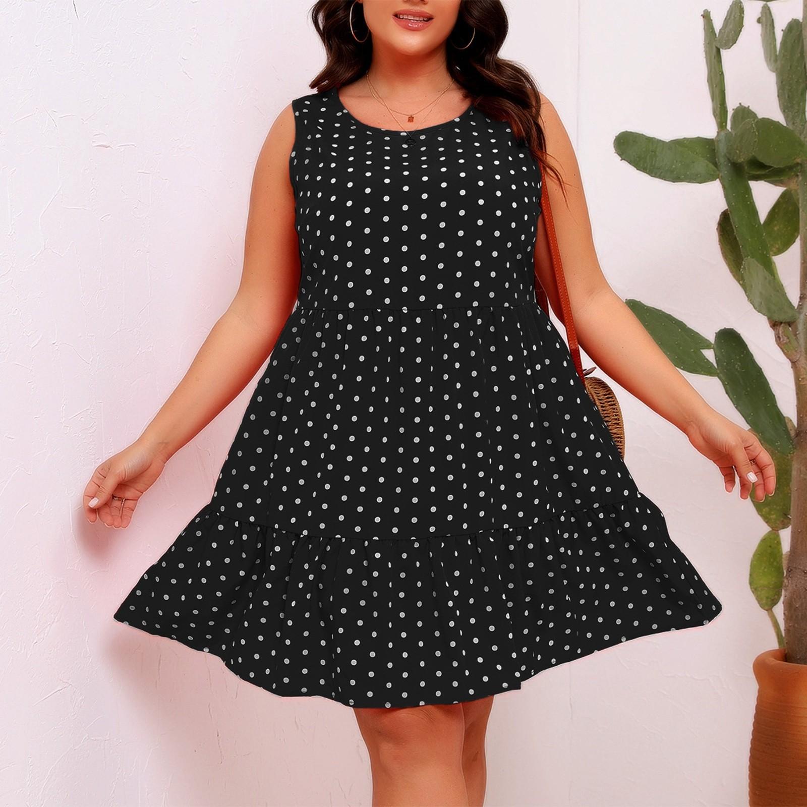 

Платье свободного кроя в горошек с круглым вырезом и оборками, без рукавов L чёрный