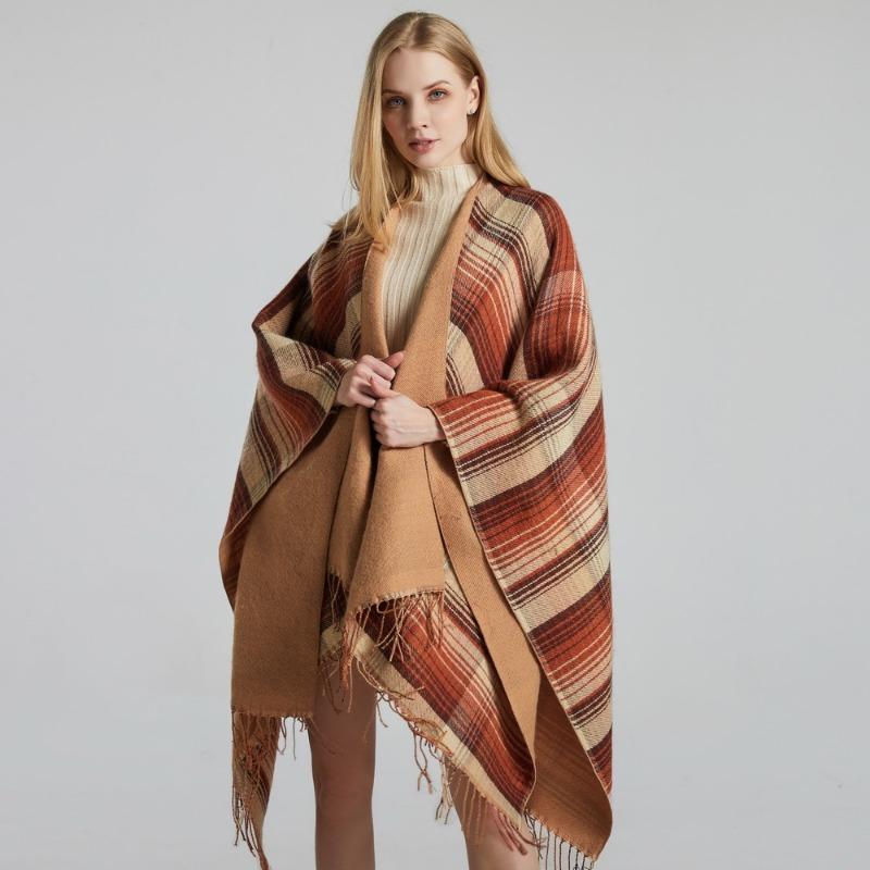 Scottish Classic Plaid Tassel Thick Warm Split Shawl Cape