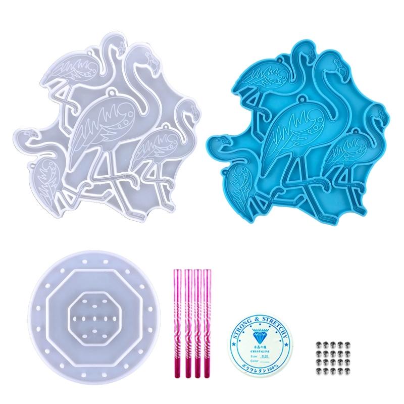 1 Set Flamingo Wind Chime Pendant Drop Glue Mold Diy Keychain Coaster Flamingo Wall Hanging Decorative Silicone Mold