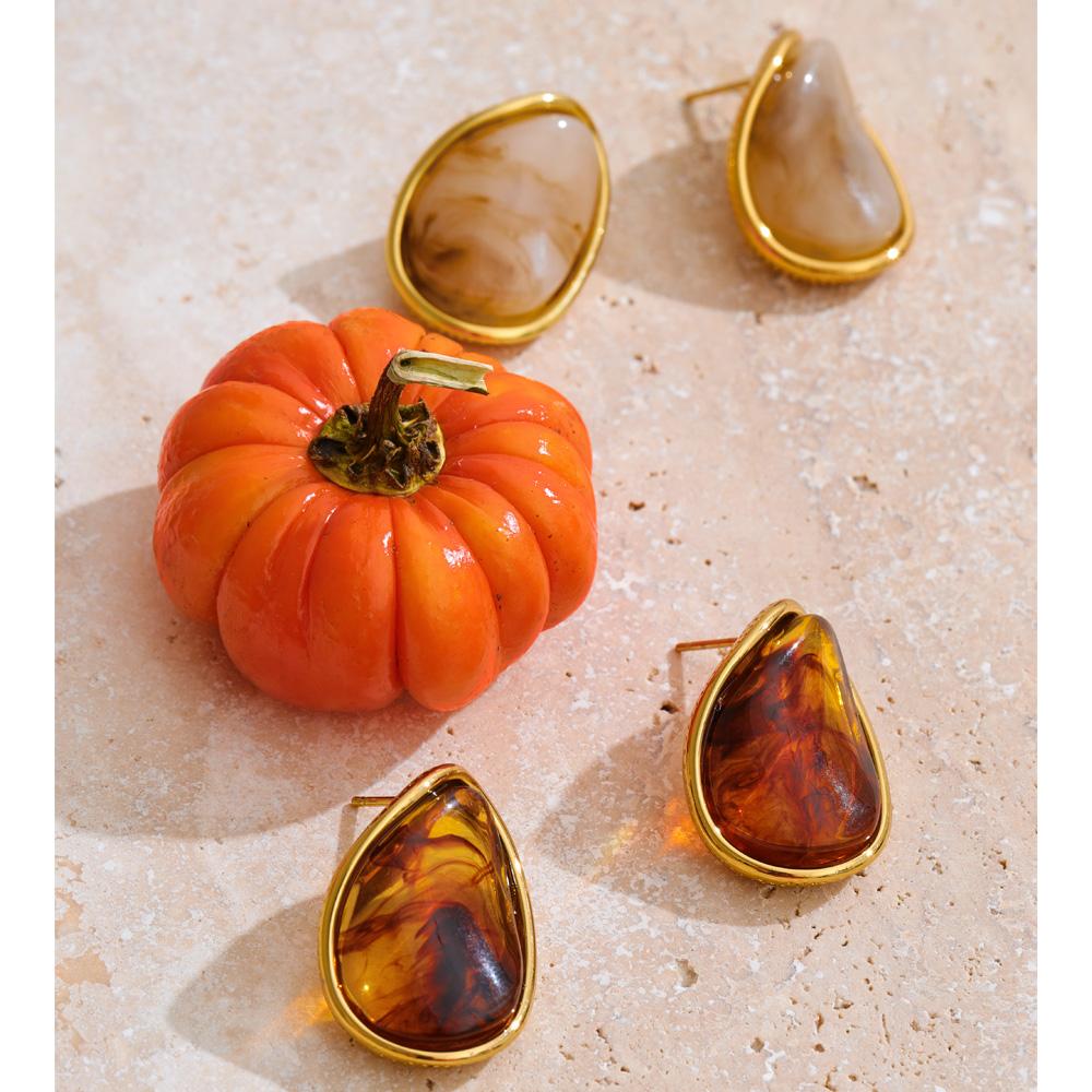 Yhpup Fashion Stainless Steel Resin Acrylic Geometric Stud Earrings Anti Allergic Golden Plated Arrivals Jewelry Amber Beige