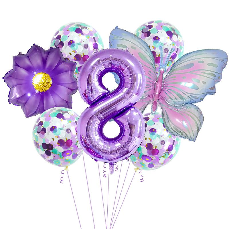 Purple And Pink Butterfly Balloon Set, Chrysanthemum Aluminum Film Confetti Balloon, Baby Rain Party Arrangement