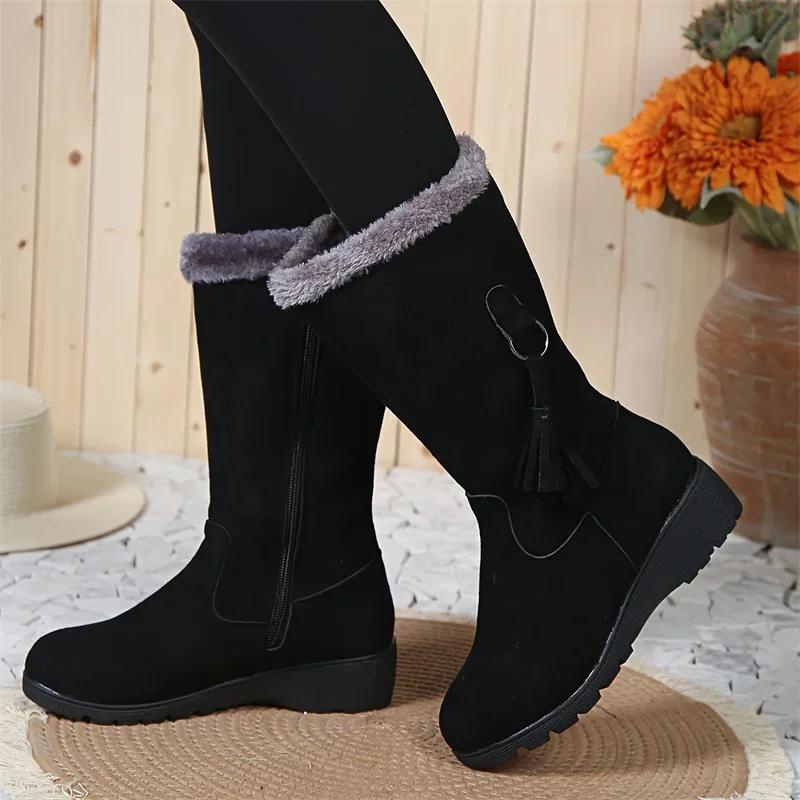 Fashion Women's Shoes Fashion Women Warm Chelsea High Fur Boots 2024 New Women Boots Mid-calf Plush Snow Flat Boots