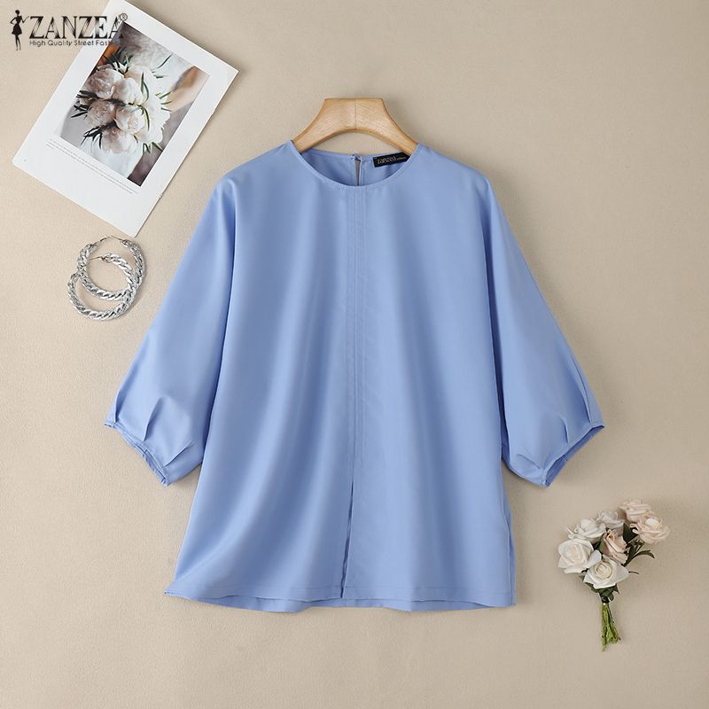 ZANZEA Women Casual Round Neck Slit Loose 3/4 Sleeve Blouse