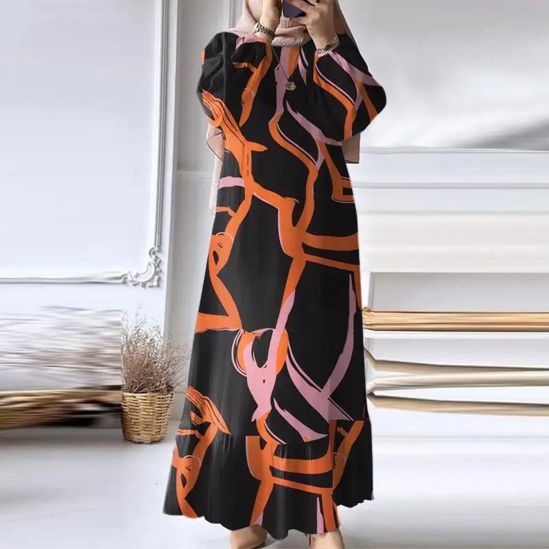 In-Stock Pleated Vintage Muslim Women's Robe with Puff Sleeves and Pocket Hem Ruffle Dress