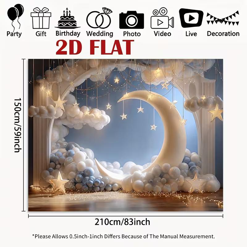 2D Dreamy Moon Star Cloud Backdrop Baby Shower Photography Background