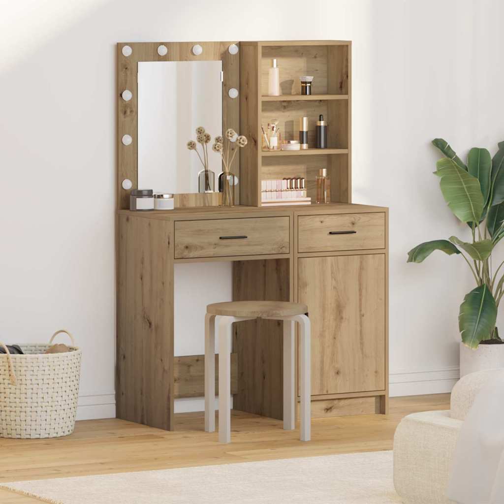 Makeup Vanity Set with LED 2 pcs Artisan Oak Wood Based Material