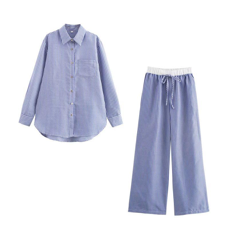 

Kaslead New Arrival Women s Fashion Style Fashion Minimalist Stripes Casual Shirt Top and Trousers Suit Suit L