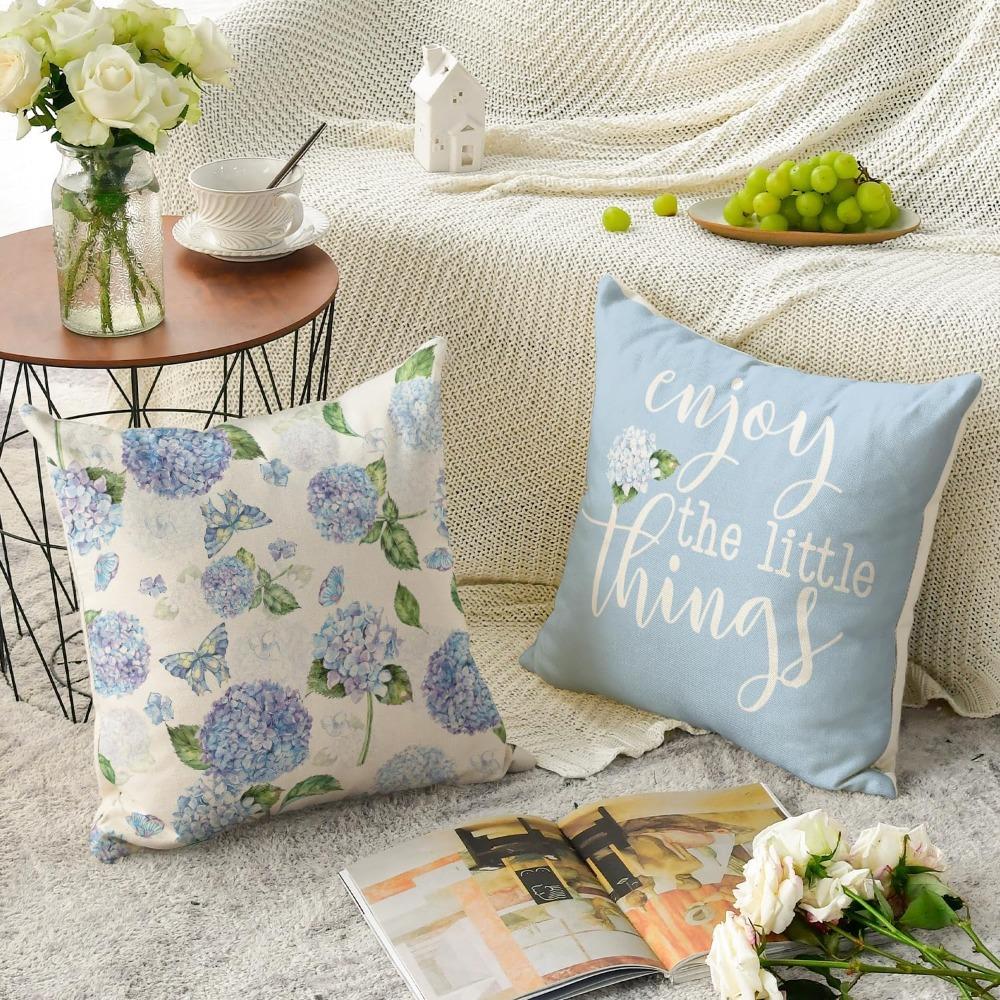 4pcs Spring Bloom Where You Are Planted Hydrangea Vase Throw Pillow Covers Enjoy The Little Things Blue Summer Cushion Case Decoration