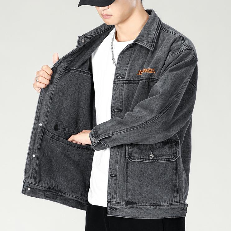Men's Functional Embroidered Denim Jacket - Autumn/Winter Loose Fit, Japanese Trend, Plus Size Outerwear
