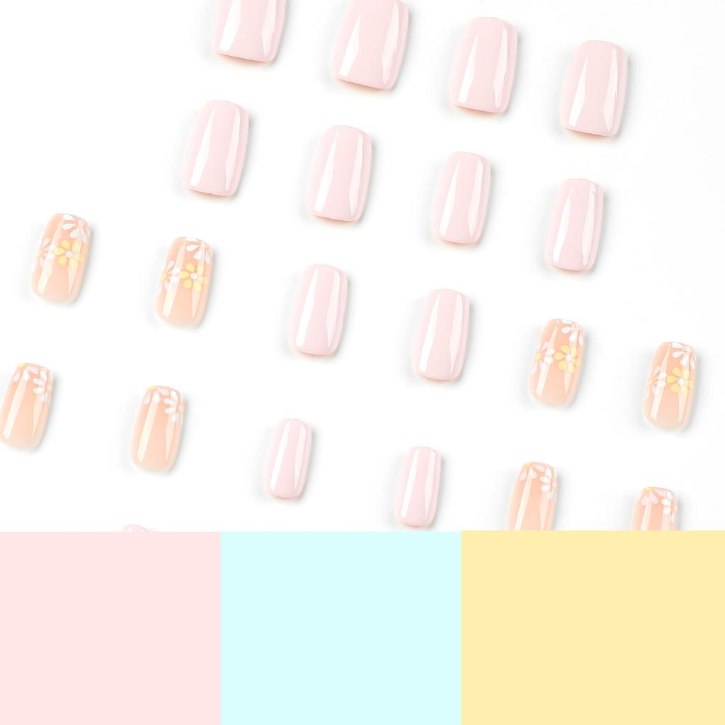 Wearable Nail Sticker Pink Nail Piece with Three-color Flower Nail Piece Wearable Nail Short Nail Piece Fake Nail