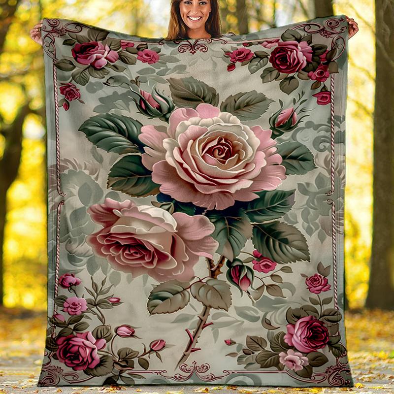Roses Garden Print Flannel Blanket, Soft Warm Lightweight Throw Blanket for living Room,Sofa Bed Camping office