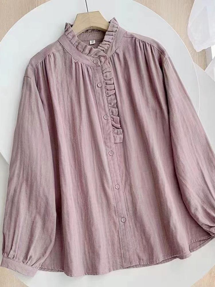 Women's Retro Cotton Linen Slimming Long Sleeve Shirt - Solid Color, Loose Fit for Spring & Autumn.