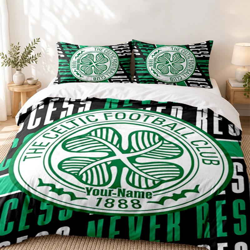 Celtic Football Club Custom Name 3pc set Perfect for bedroom use Comfortable bedding set includes a duvet cover and two pillowcases Ideal birthday or