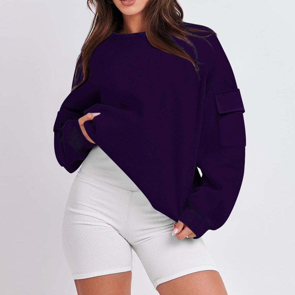 Women's Fashion Casual Solid Color Autumn And Winter Loose Round Neck With Pocket Pullover Sweatshirt Top