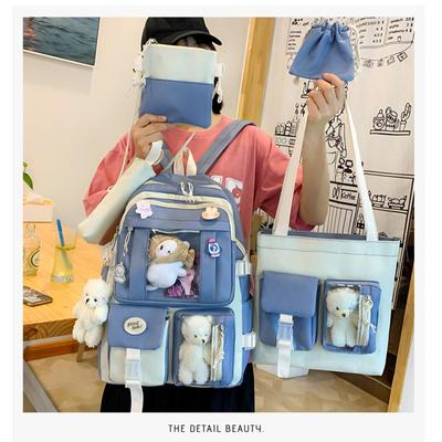 High School Students Backpack Expansion Large Capacity Durable Junior High School Girls 5 PCS Set Breathable Schoolbags with Animal Toys