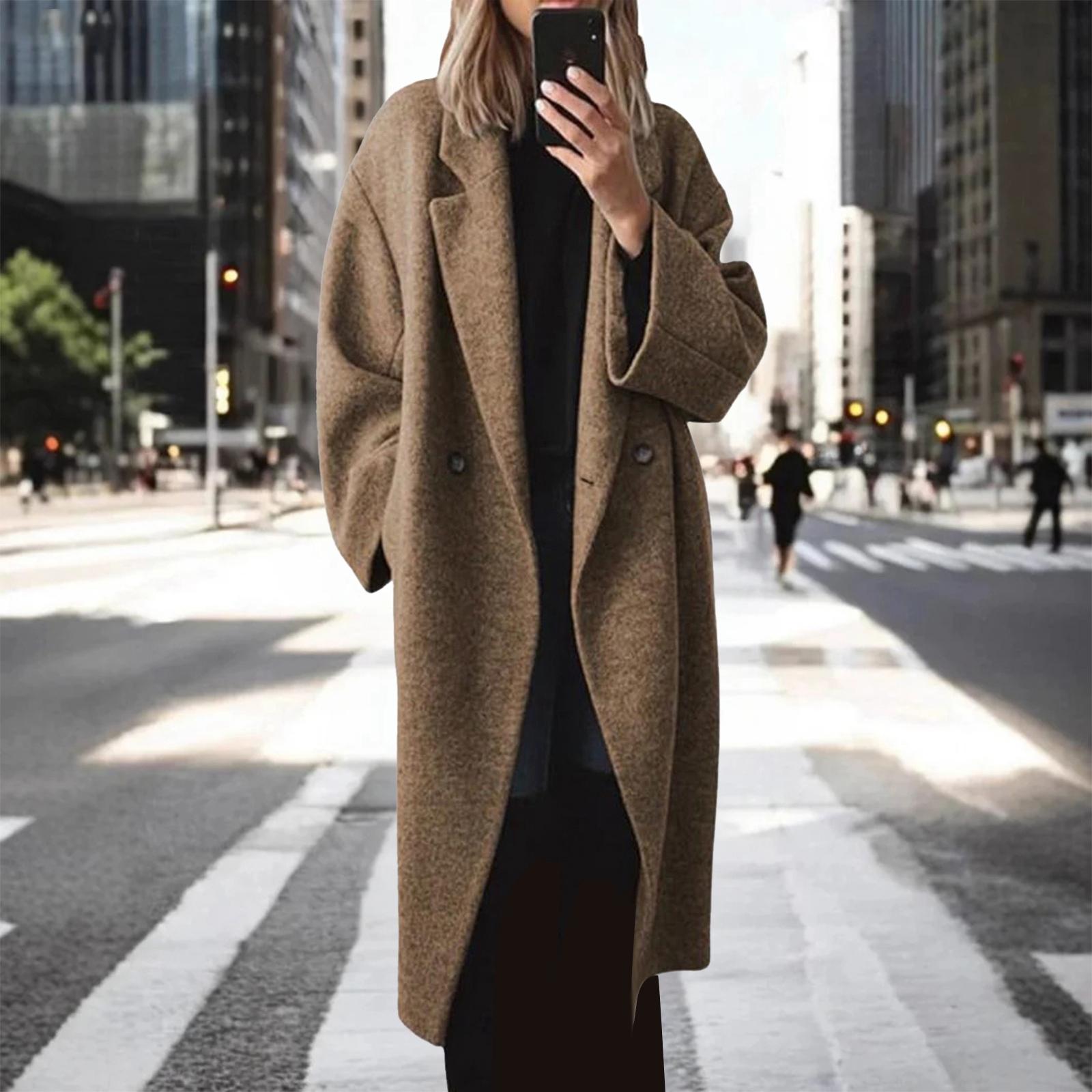 

Женское модное однотонное шерстяное пальто с лацканами и длинными рукавами XXXL коричневый