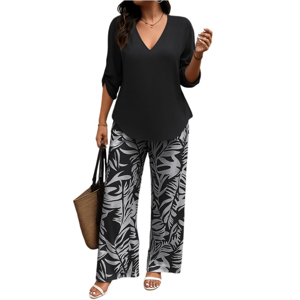 Damen 2-teiliges Mode-Freizeit-Set: Lockerer V-Ausschnitt-Top + Weit geschnittene Hose Loungewear