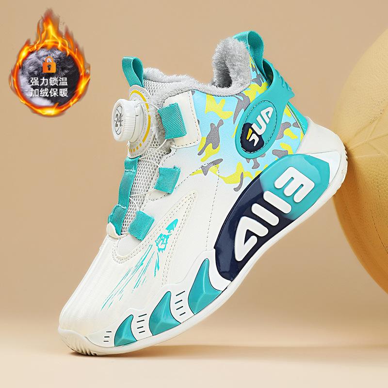 Children's basketball shoes Boys' winter velvet warm new large cotton cold-proof button sports shoes leather boys running shoes