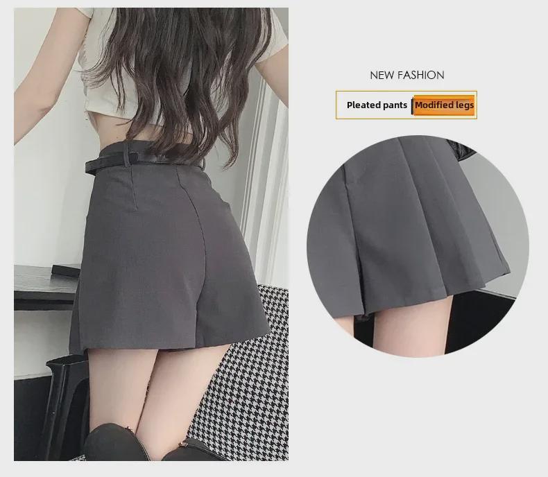 2024 Women's Summer High-Waisted Gray A-Line Skort: Slim, Loose, Pleated Shorts Skirt, Wide-Leg Design