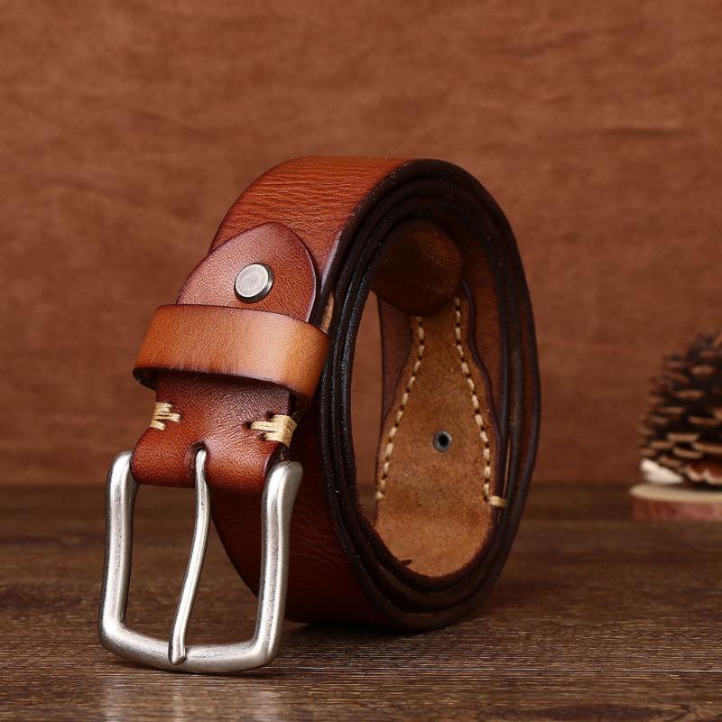 Men's First Layer Cowhide Stitching Retro Belt Perforated Copper Buckle Outdoor Tactical Trendy Casual Belt