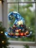 Halloween Witch Hat Hanging Decor Acrylic Mini Town & Pumpkin Design Window Ornaments Bedroom Living Room Pendant for Home/Party