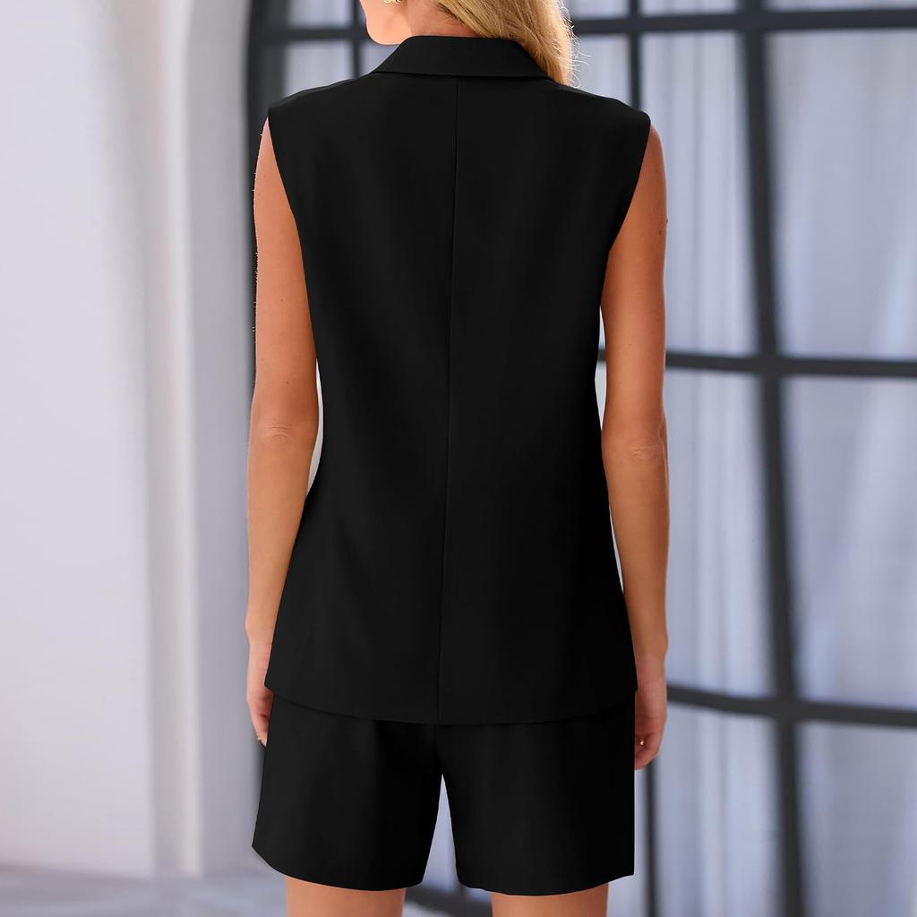 Frühling Sommer Damen Büro Shorts Anzug Set Einfarbig Ärmellos Neckholder Outfit 2-teilige passende Sets für Damen