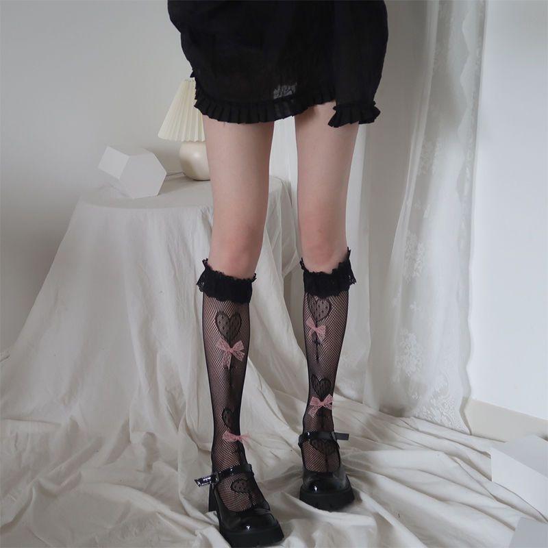 Japanese-Style Sweet Lace Trim Calf Socks | Knee-High Bowknot JK Fishnet Socks for Students - Slimming Design
