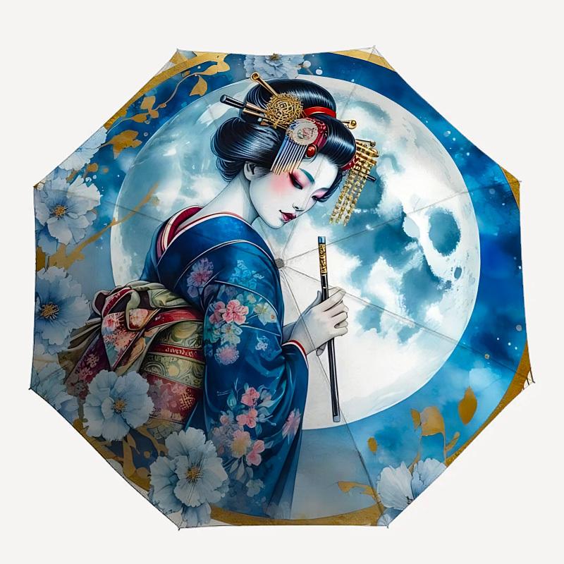 Geisha, Moonlit Night Themed Automatic Opening and Closing Umbrella, Brightly Colored 8 rib Portable Umbrella, Suitable for Men and Women, A