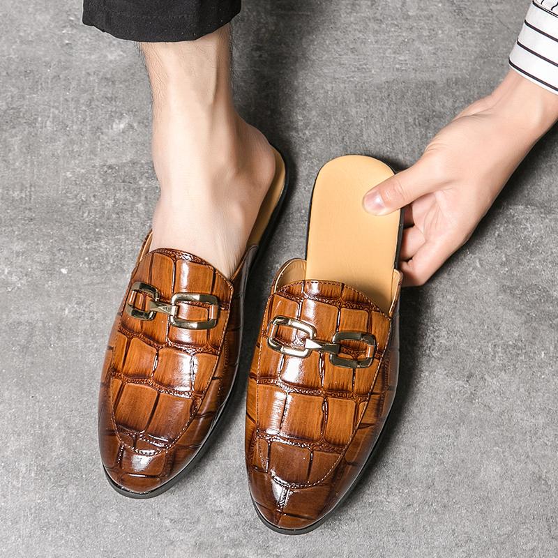 Luxury Designer Men's Alligator Pattern Metal Chain Sandals Half Sequin Shoes For Men Mules Casual Shoes Slides Loafers Slippers