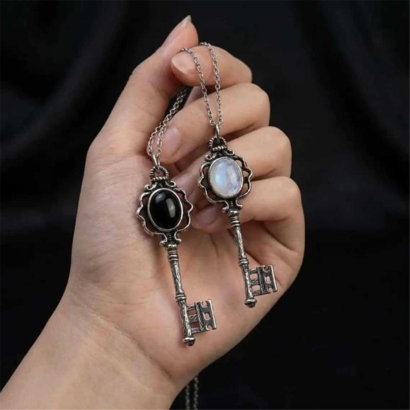 Gothic Moonstone/Black Stone Pendant Necklace With Skull Key Charm For Women Trendy Jewelry Accessory