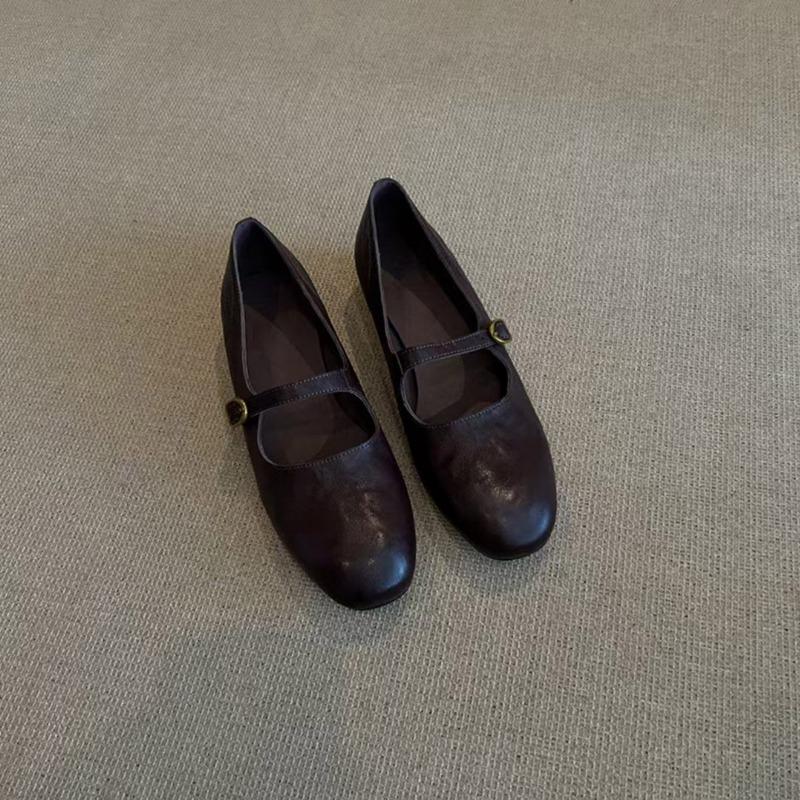 Sheepskin Version~ Shallow Leather Versatile One-word Buckle Flat Mary Jane Shoes Women's Retro Simple Commuter Low-heeled Single Shoes