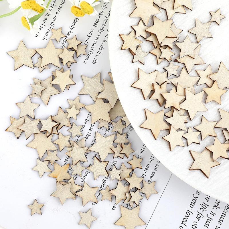 100pcs/lot Unfinished Wooden Stars/Heart Ornaments, Assorted Size Cutout Blank Wood Pieces Cutouts for Christmas Wedding Decor