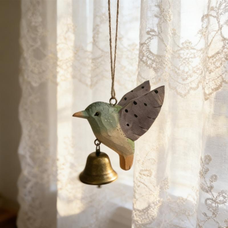 Hand Carved Wooden Hummingbird Figurines Hanging Ornament for Car Office Home Decors Wood Hummingbird Wind Chimes