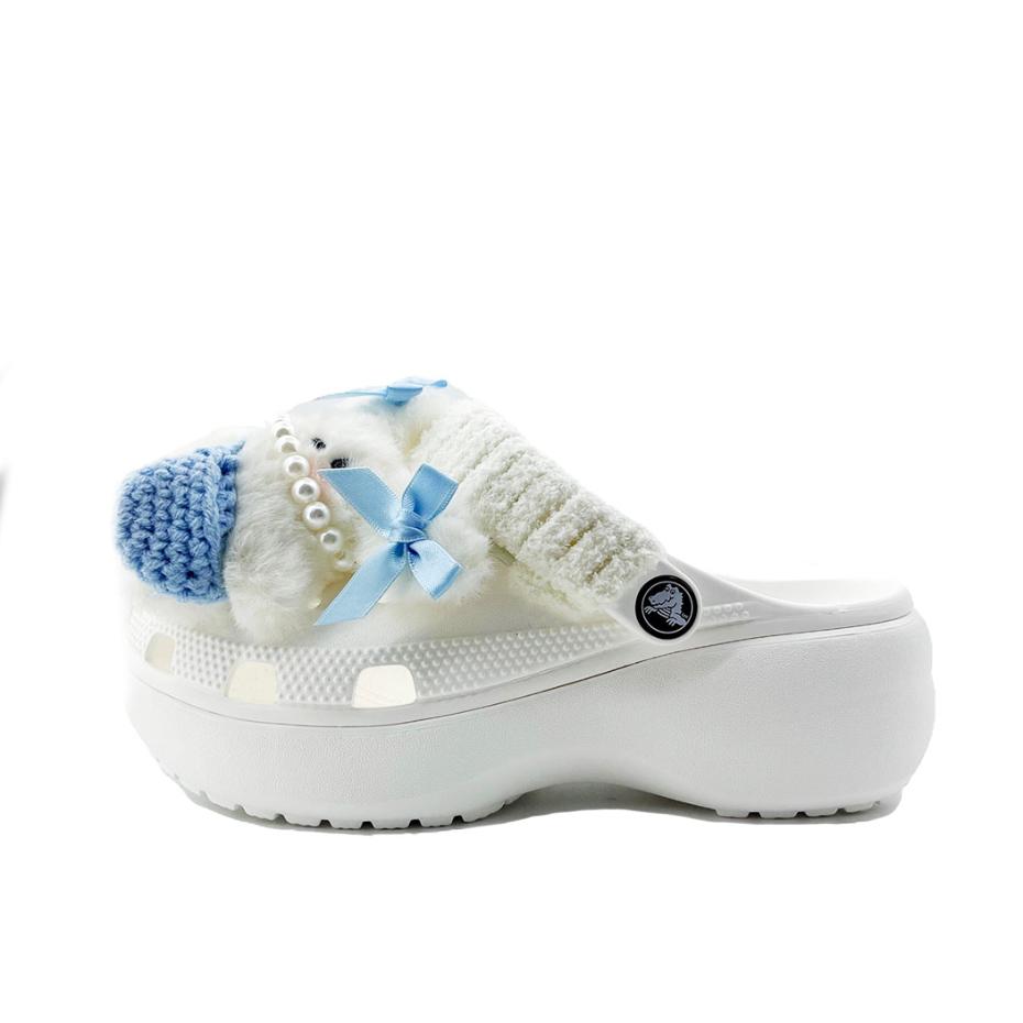 Crocs Classic Platform Clog EVA Blue Hat Rabbit School Style Hole Shoes Unisex White