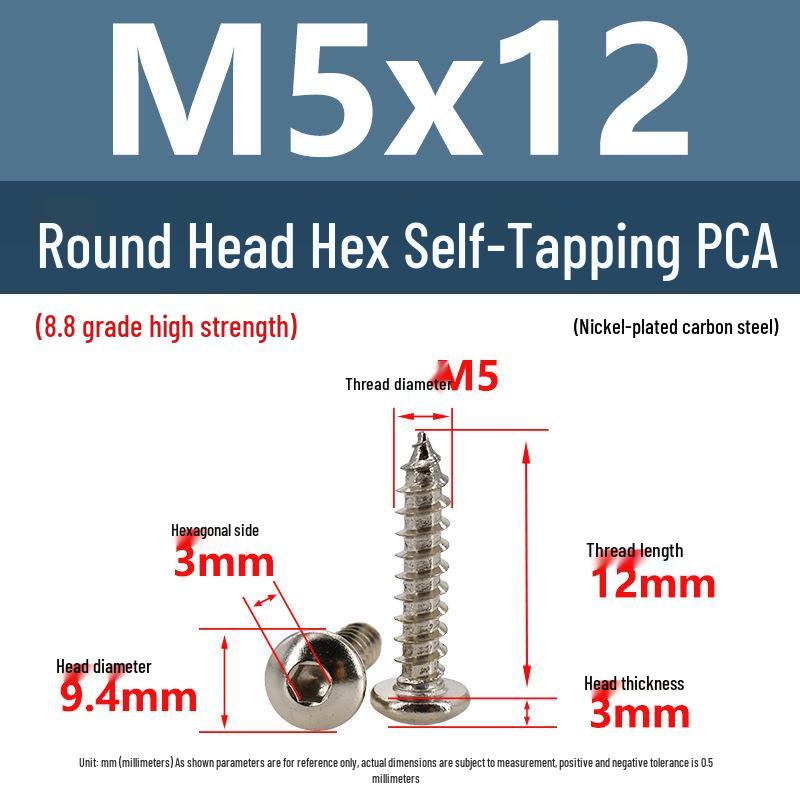 8.8 Grade Round Head Hex Socket Self-Tapping Screws M2-M4 Carbon Steel Bolts