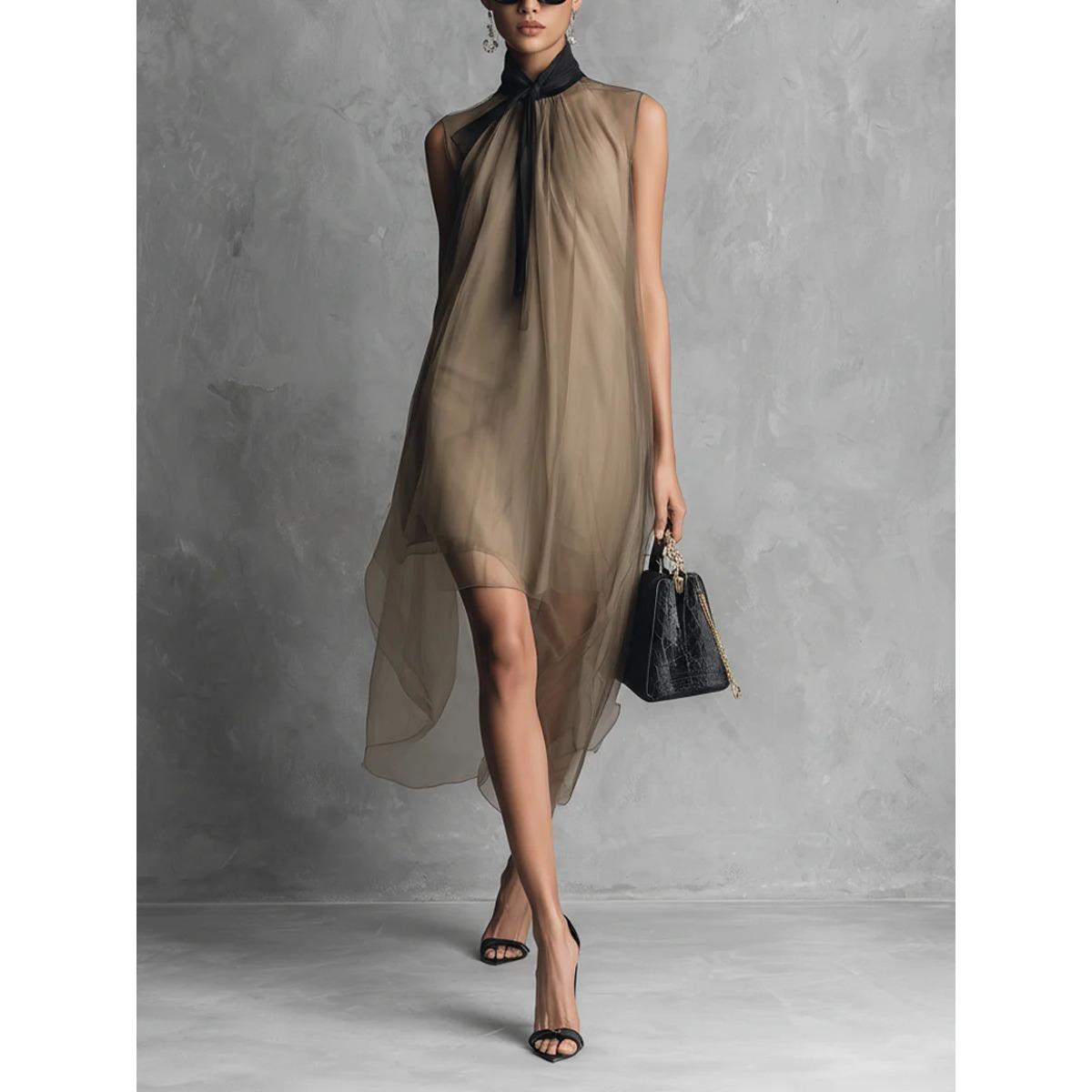 Women s Halter Sleeveless Midi Dress Loose Fit High Waist Solid Color Sheer Chiffon Irregular A-Line Dress S