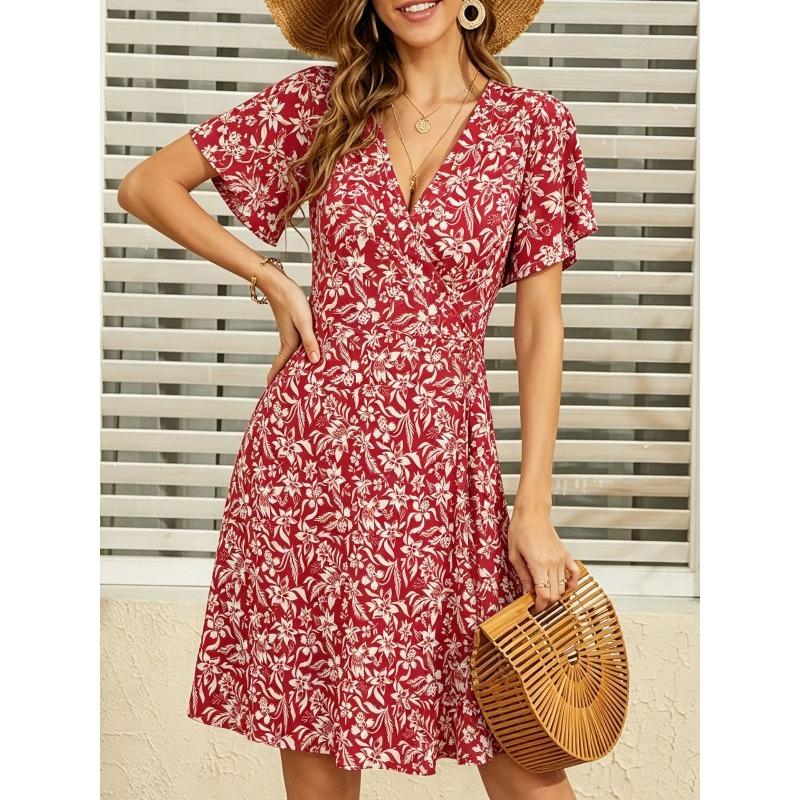QICED Fashion Summer Spring V-Neck Short Sleeve Casual Dresses
