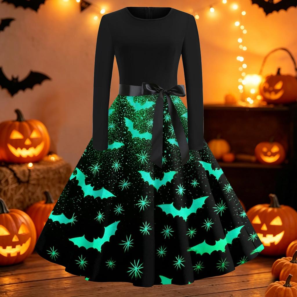 Women's Vintage Halloween Print Round Neck Casual Dress for Everyday Wear