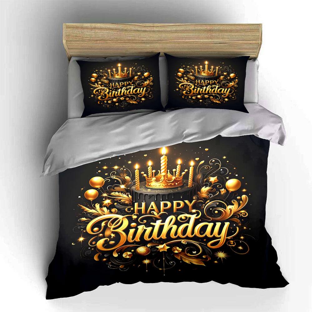 Golden Happy Birthday Design Bedding Duvet Cover Set Duvet Cover Pillowcases  (1*Duvet Cover 2*Pillowcases, without duvet insert)