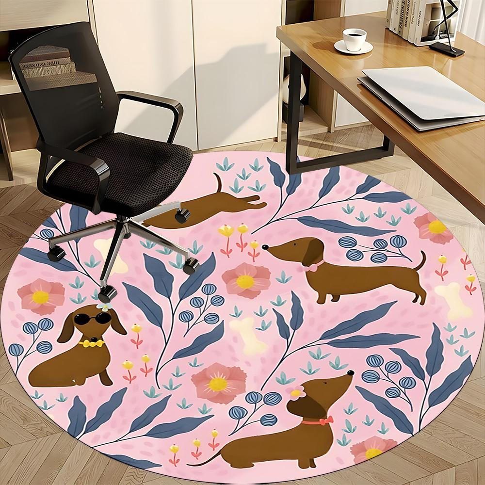 1PC Dachshund Floral Office Round Area Rug, Mat Suitable For Office, Under Office Chairs Bedroom Living Room Home Decor, Room Deco