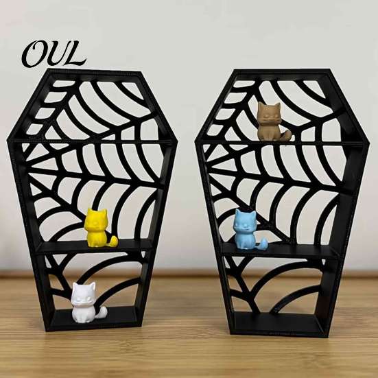 Schädel-Sammlungshalter Sargförmiges Spinnennetz-Display-Regal, 3D-gedruckter gotischer mehrstufiger Mini-Ständer Figur, Regal Halloween Schwarzes Hohlregal