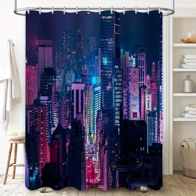 Neon Cityscape Shower Curtain Modern Abstract Wall Art Vaporwave Aesthetic Home Decor Urban Nightscape Backdrop Photography