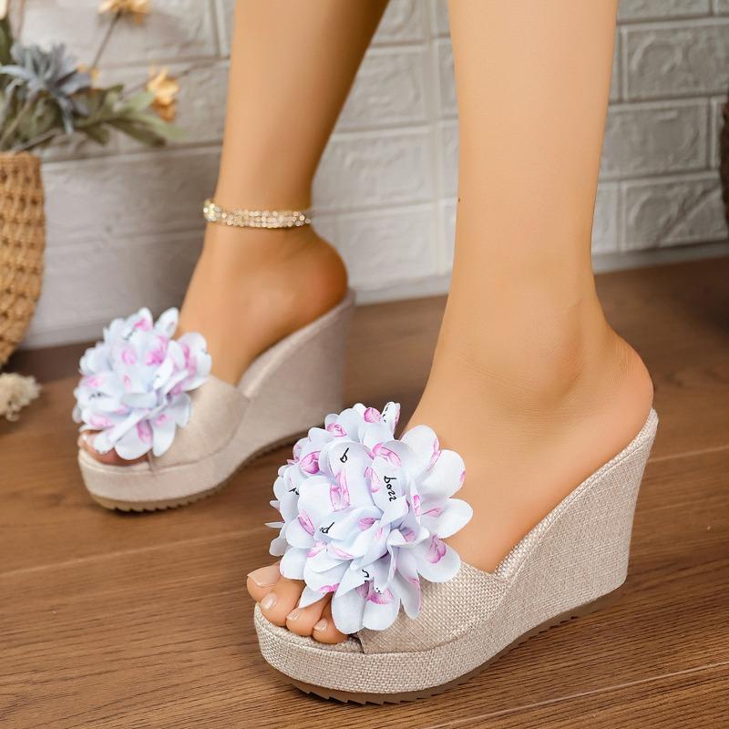 Summer new muffin wedge heel one-word slippers women's thick bottom sweet flower outer wear fashionable super high heel slippers