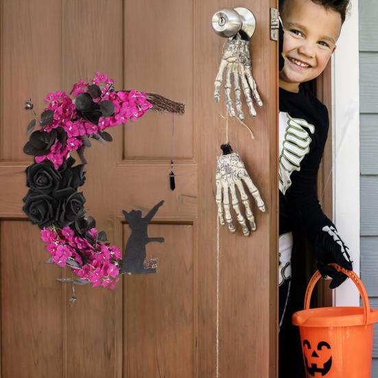 Halloween Wreath for Front Door Black Cat Moonlight Garland LED Lights Door Decor with Purple Flowers Indoor Outdoor Spooky Party Decoration