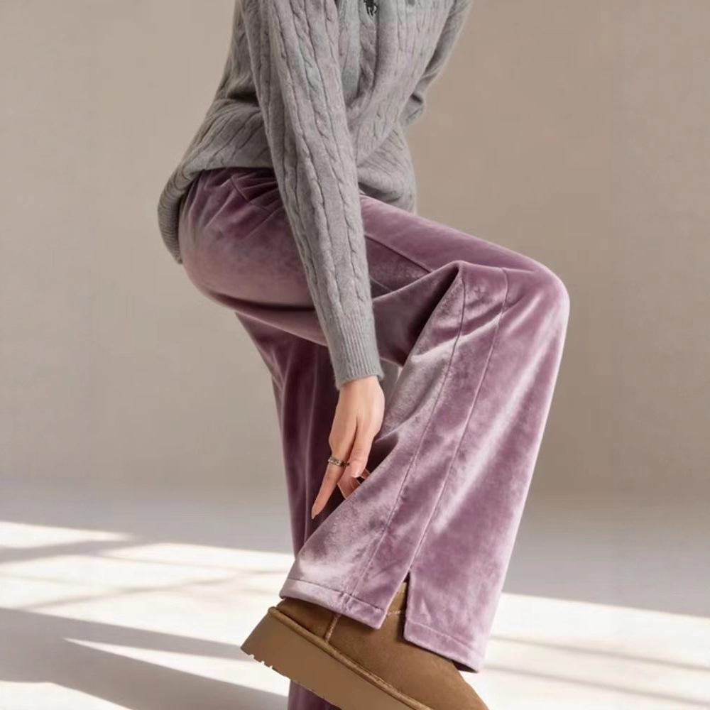

French Velvet Split Loose Casual Pants - Purple Drapey Soft Wide-Leg for Autumn/Winter Medium