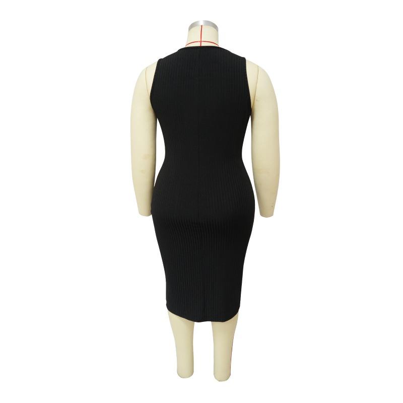 Plus Size Orange Ribbed Sleeveless Round Neck Bodycon Midi Dress