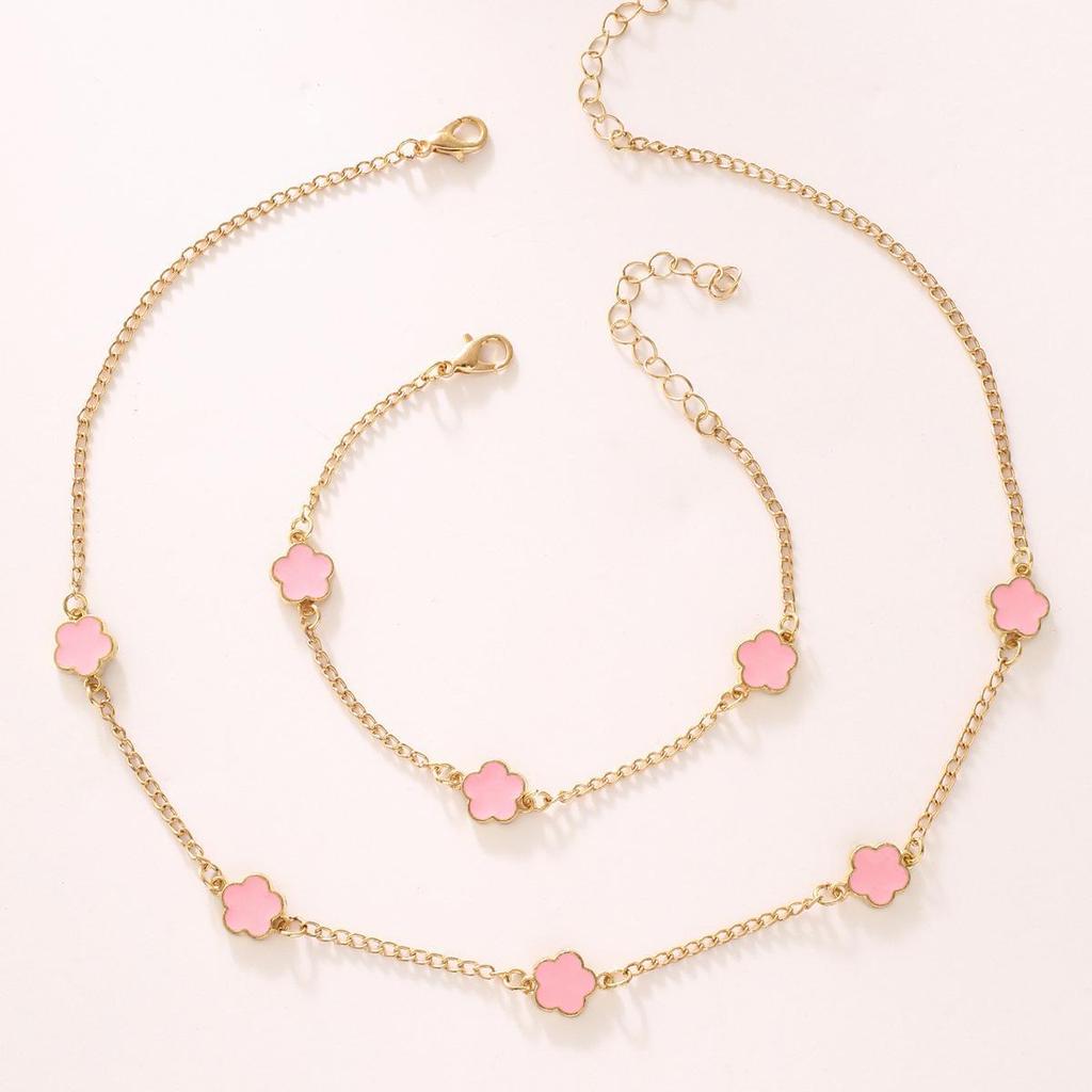Lucky Five-Petal Flower & Clover Jewelry Necklace and Bracelet Set